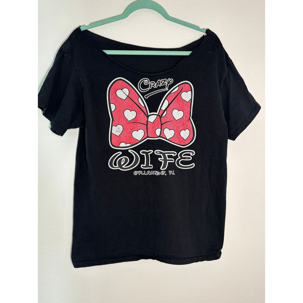 Disney Orlando FL Crazy Wife Graphic T-Shirt Black Minnie Mouse Bow Women Large